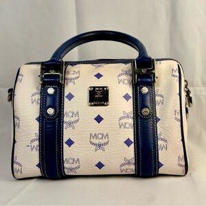 MCM Boston bag, gorgeous white leather monogram with‎ blue trim EUC 🍀